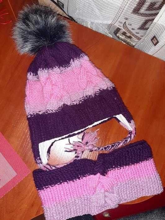 Зимний вязаный комплект шапка и снуд Шапочка с флисом  и шарф