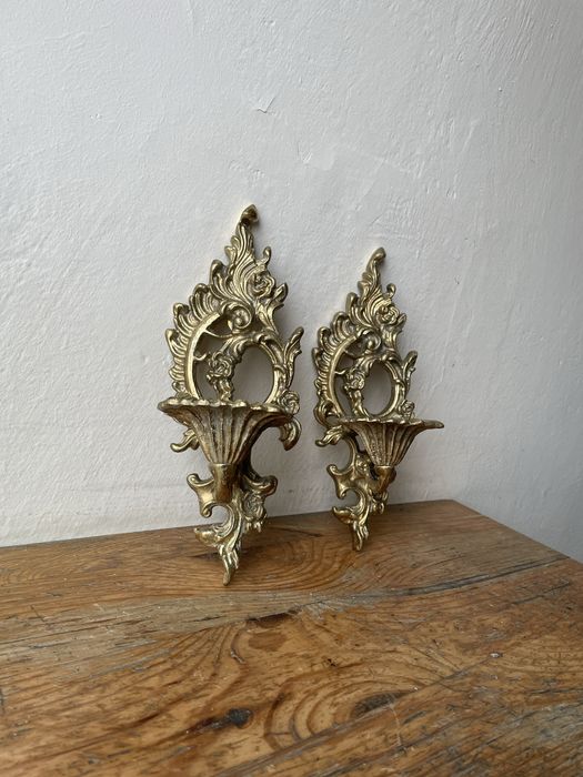 Ścienne świeczniki mosiężne vintage PRL antyk mosiądz komplet