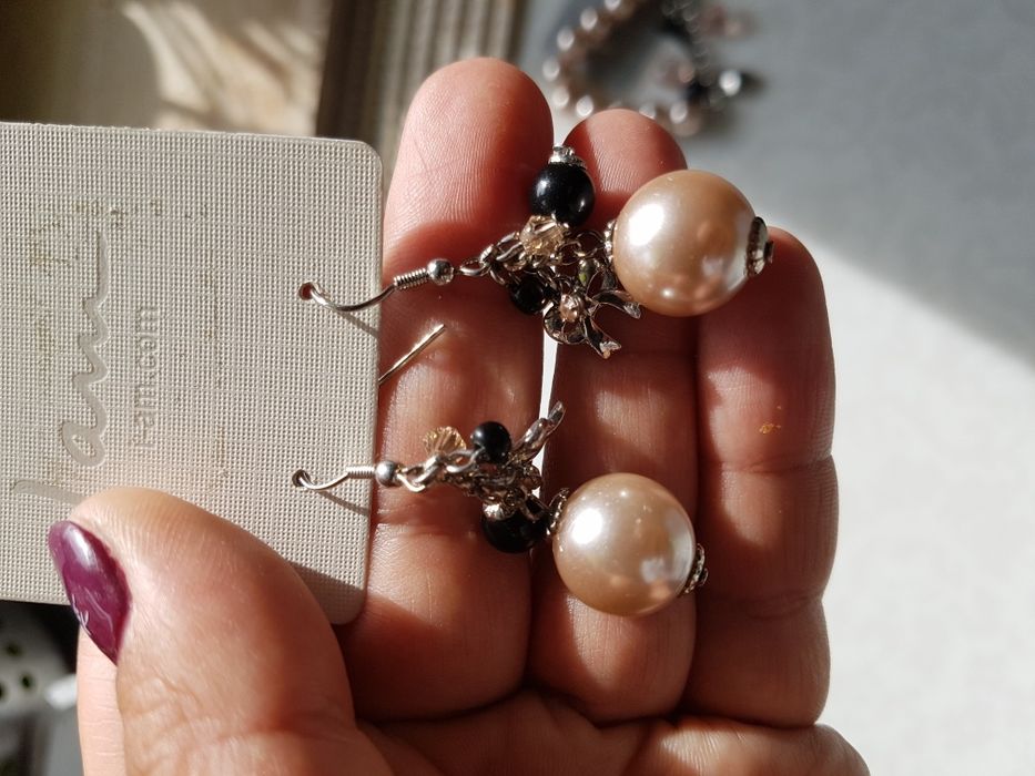 Zestaw kolczyki bransoletka czarna perły kulki nowe I am wiszące