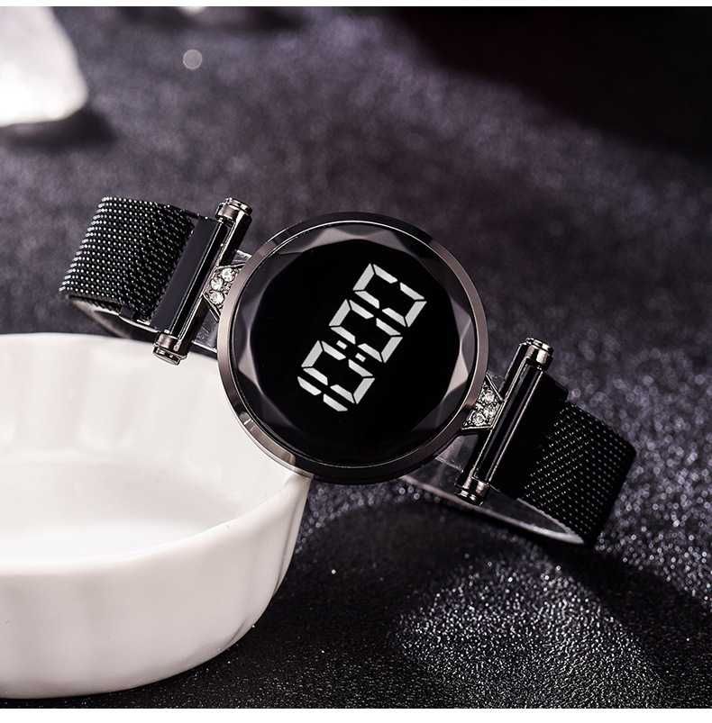 Zegarek damski led mesh czarny dotykowy na magnes