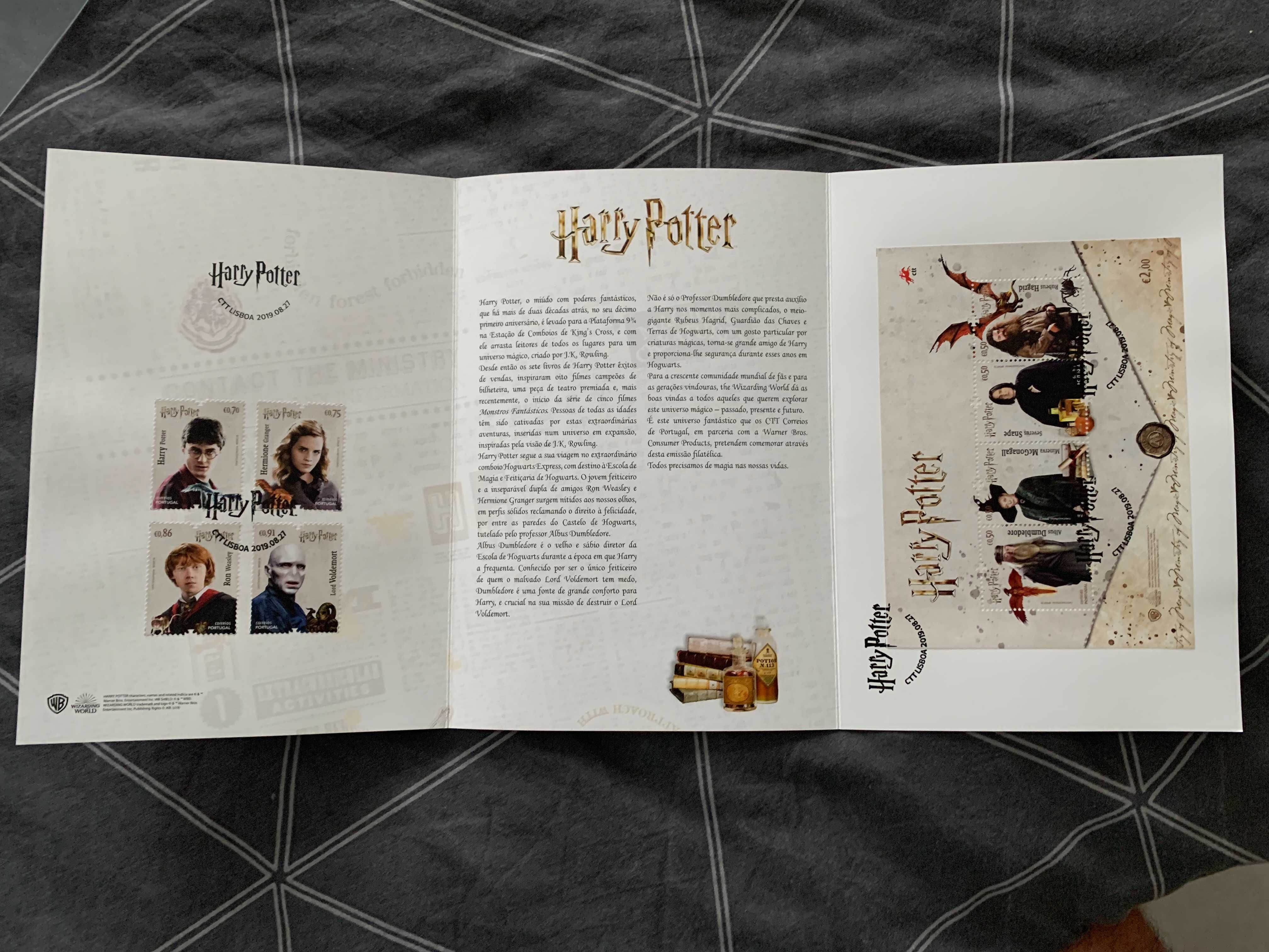 Pagela com série e bloco Harry Potter CTT filatelia