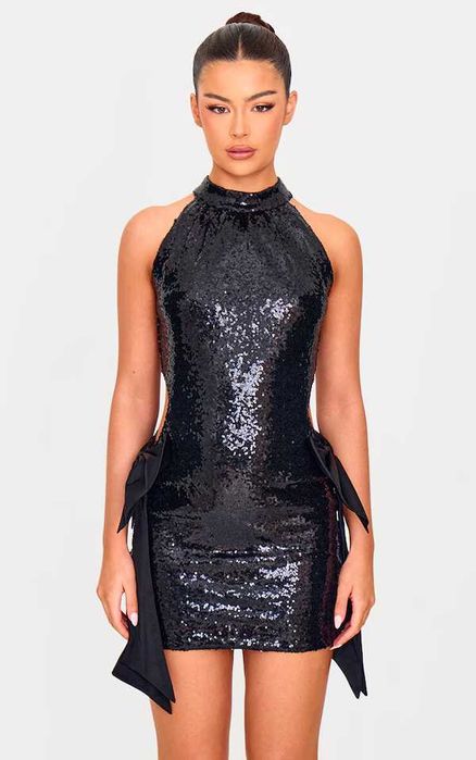 Чорна міні-сукня з паєтками, розрізами та бантами PLT