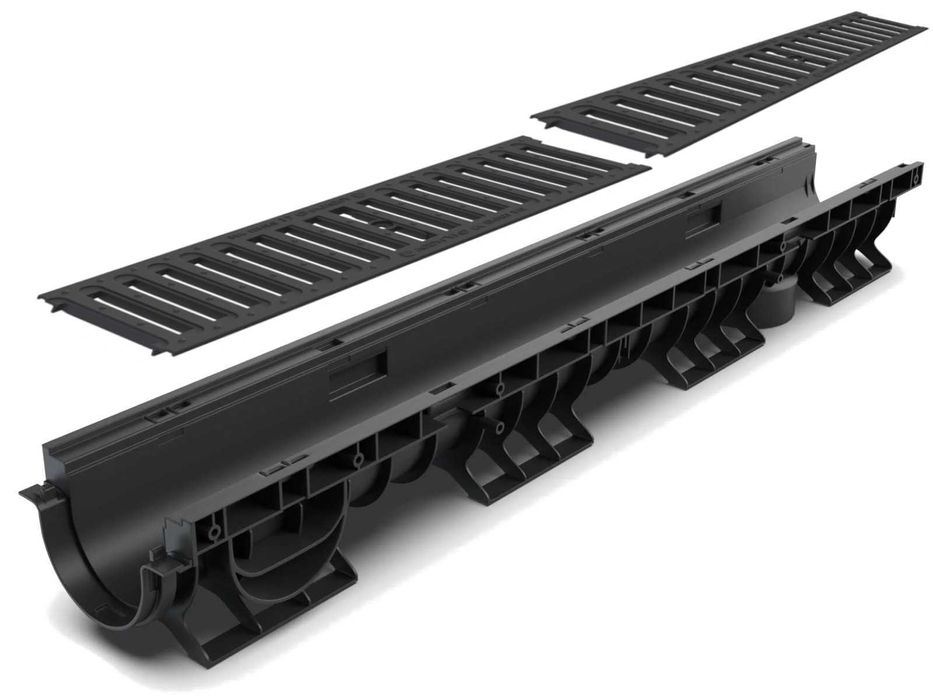 Kanały plastikowe VODALAND Seria Base z rusztem bez spadku wewnętrz.