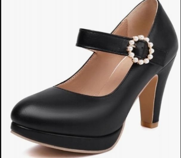 Czółenka Na Obcasie Eko Skóra Czarne Buty Z Paskiem