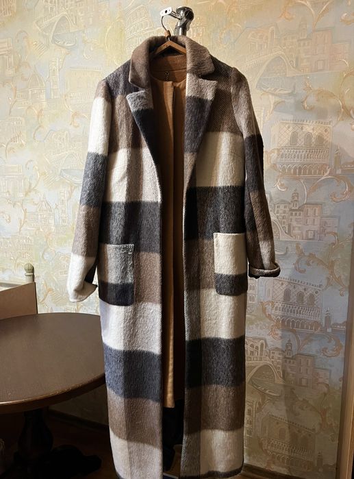 Женское кашемировое длинное пальто.Пальто в клетку.Песочное пальто