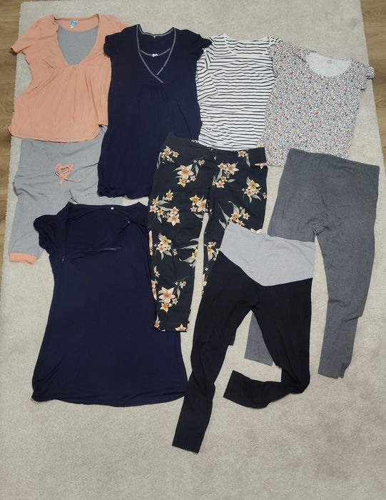 Zestaw ubrań ciążowych: bluzki H&M, legginsy, koszula porodowa