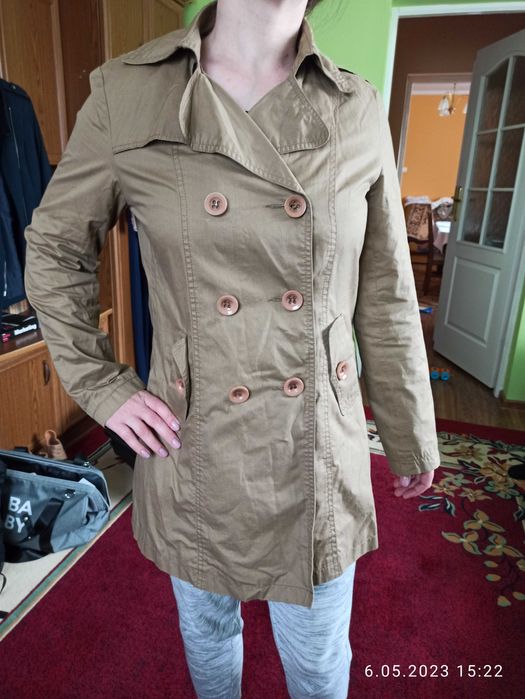 Cienki płaszcz prochowiec trencz 38 karmel