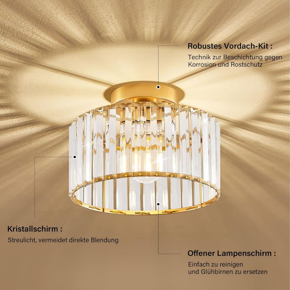 Złota Kryształowa Lampa Sufitowa Nowoczesna Okrągła 27cm