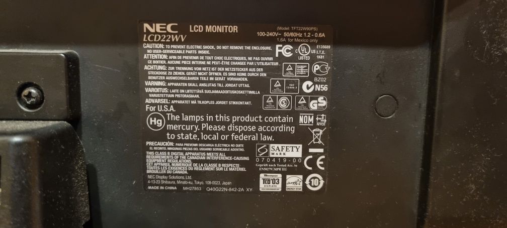 Monitor 22" NEC LCD22WV-BK