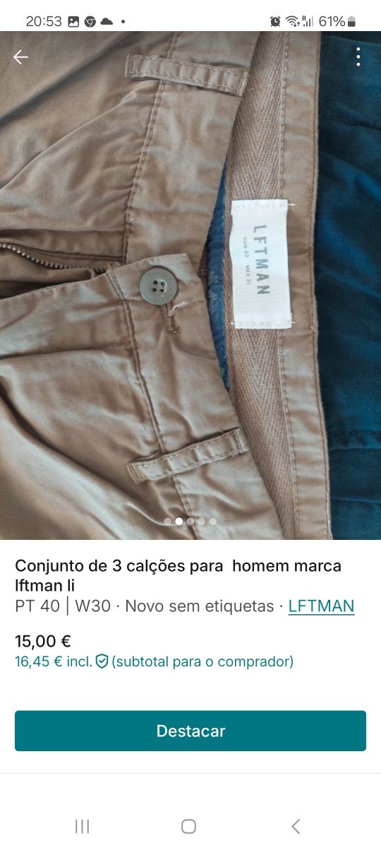 Pack de 3 calções para homem tamanha 40