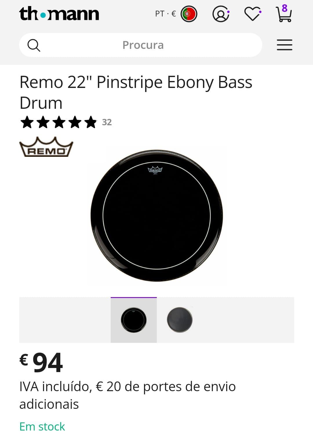 Bombo acústico com pele de bateria REMO 22" Pinstripe (Ebony series)