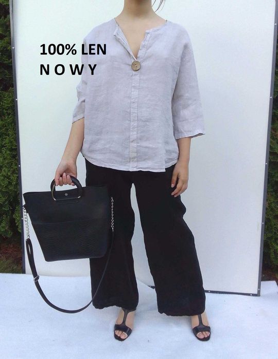 Lniany komplet szerokie spodnie koszula 100% len puro lino S M L uniwe