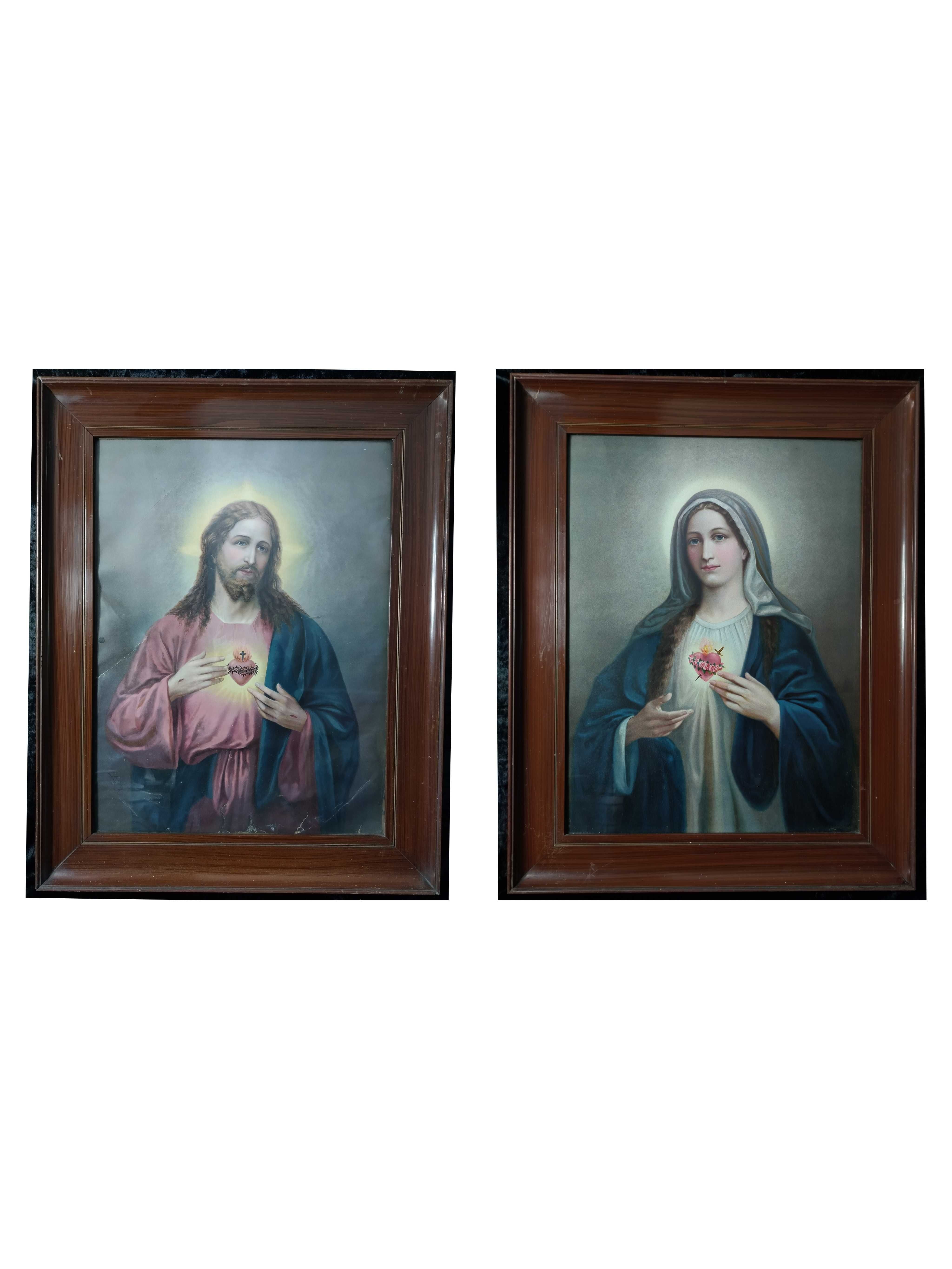 Serce Jezusa Serce Maryi komplet dużych starych oleodrukow obrazow
