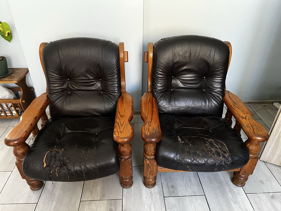 Sofa + dwa fotele drewno dąb skóra naturalna