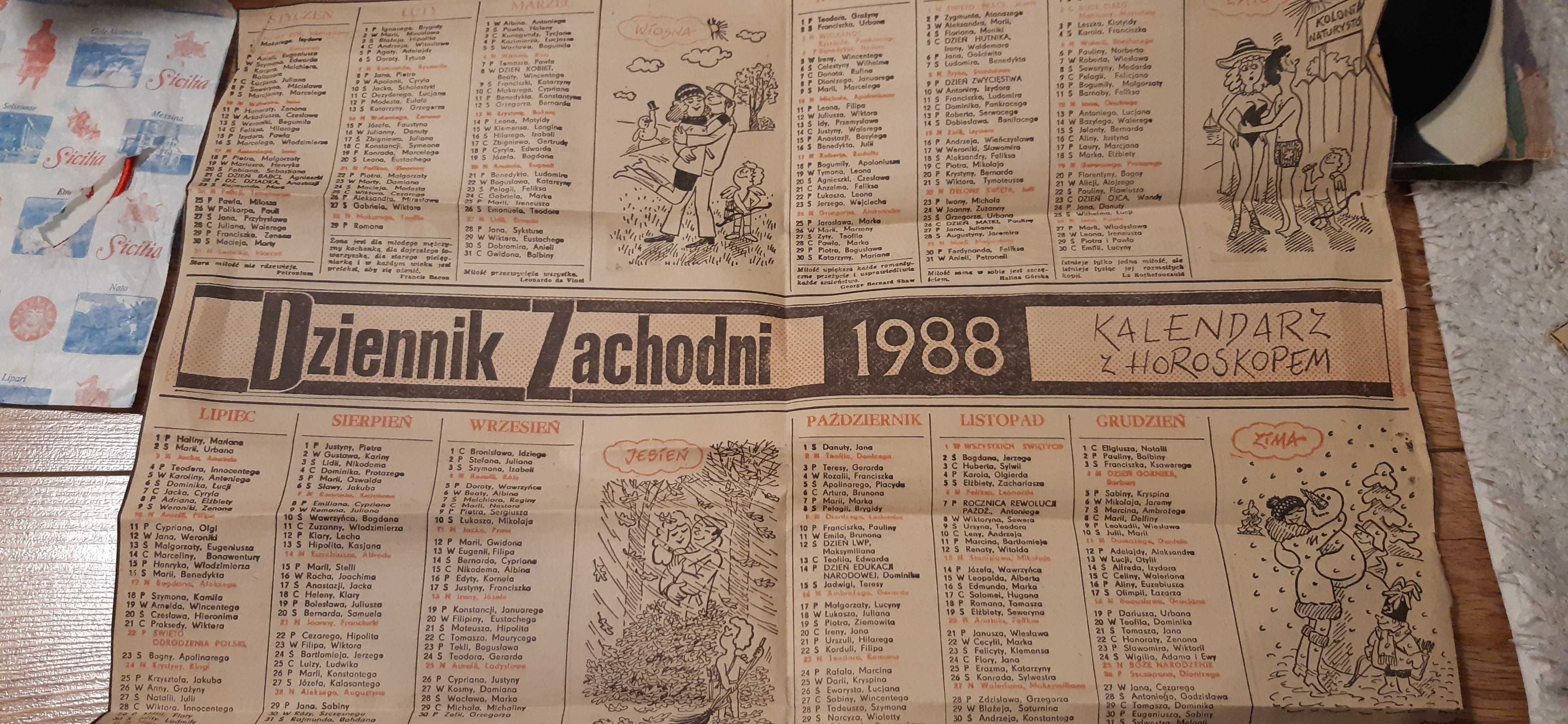 stary kalendarz z 1988roku z horoskopem z dziennika zachodniego