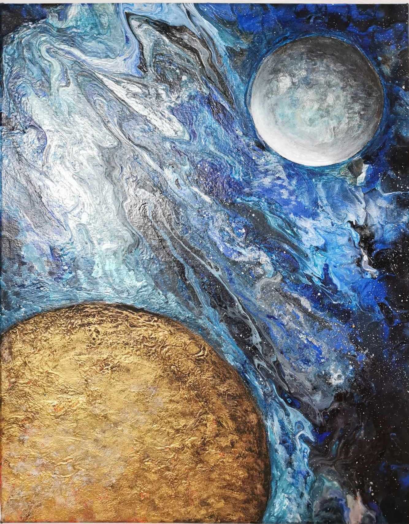 „Melodia Kosmicznych Sfer” -Obraz malowany technika pouringu.
