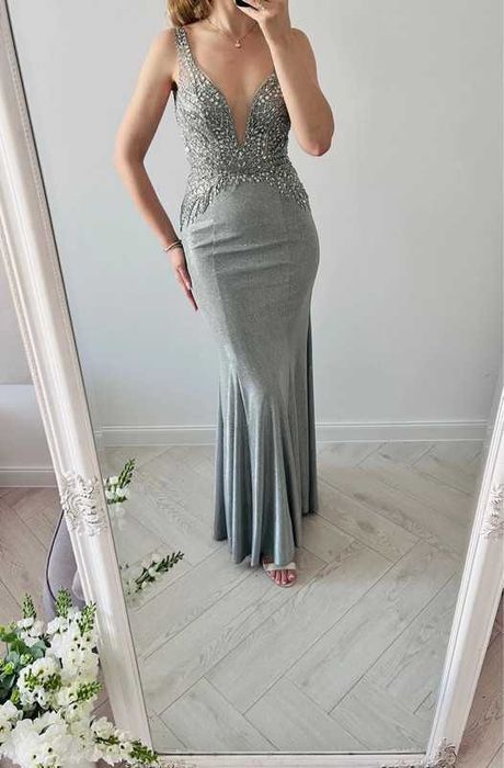 Obłędna suknia brokatowa zdobiona na poprawiny, dla świadkowej 34 XS