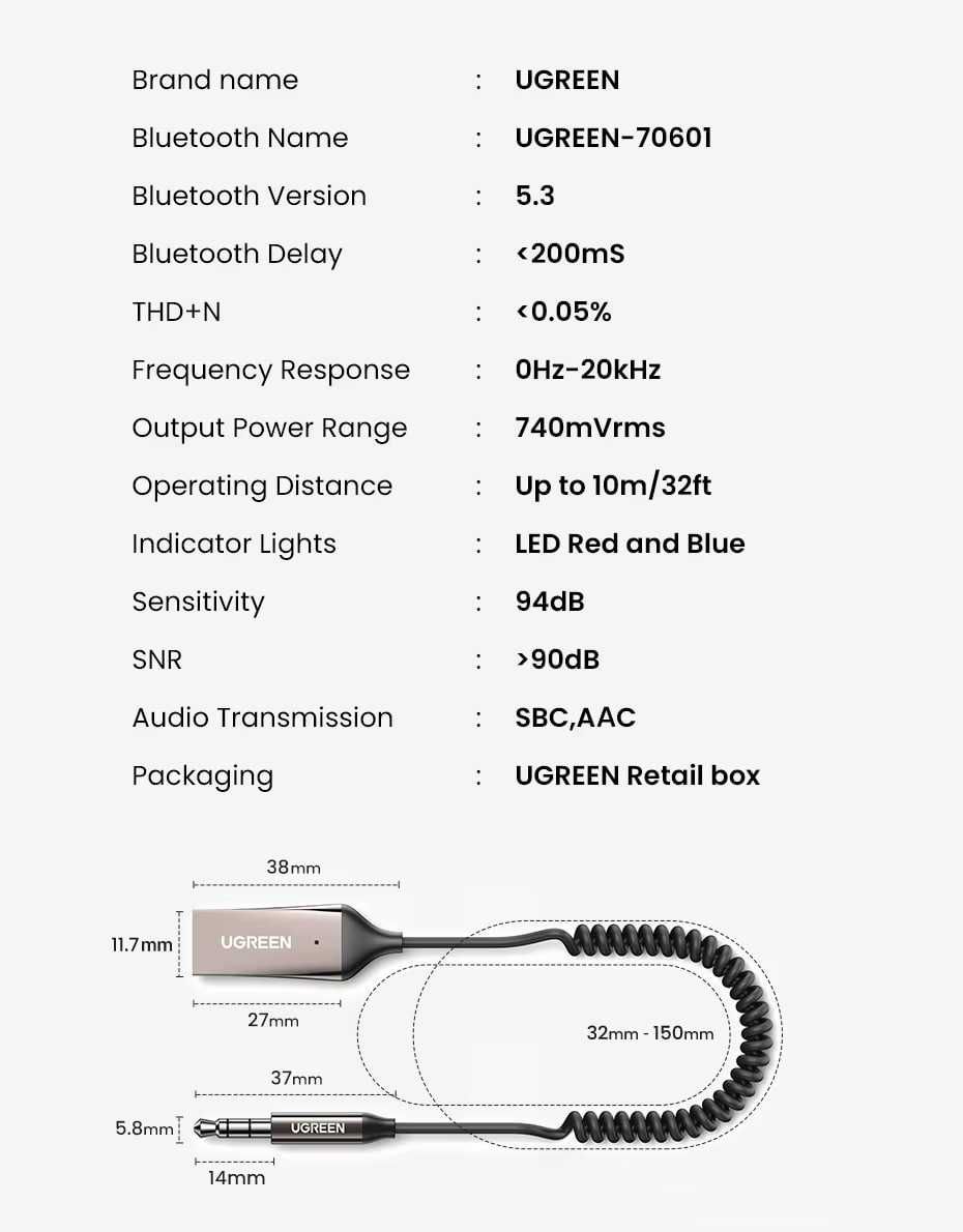 Bluetooth-ресивер Ugreen CM309 Bluetooth Car Aux with Mic (UGR-70601)