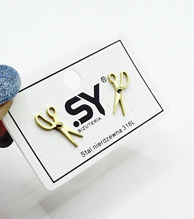 Kolczyki złote nożyczki stal chirurgiczna wkrętki prezent fryzjer H599