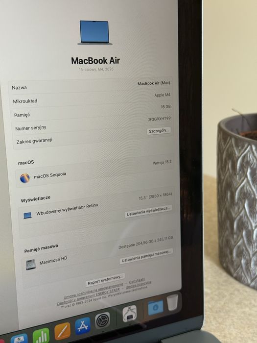 MacBook Air 15” M4 (2024) 16 GB RAM 256 GB SSD Niebieski Jak Nowy!
