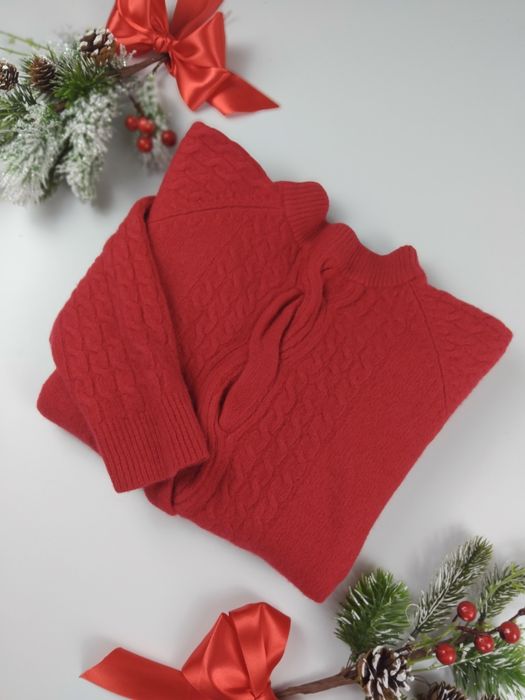 Wełniany sweter czerwony wełna angora golf ciepły sweterek splot gruby