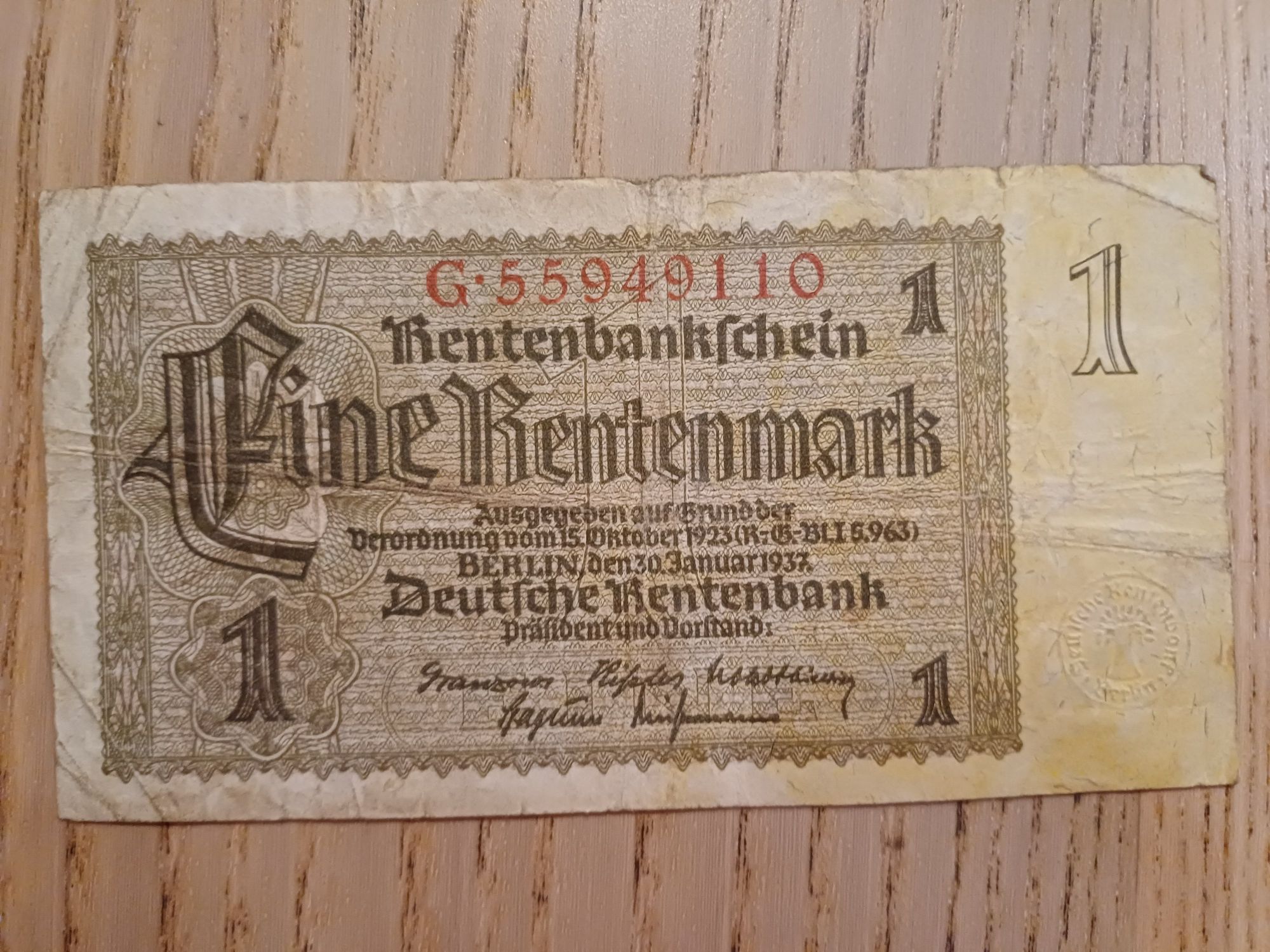 Unikat numizmat banknot Jedna marka niemiecka rentenmark 1937