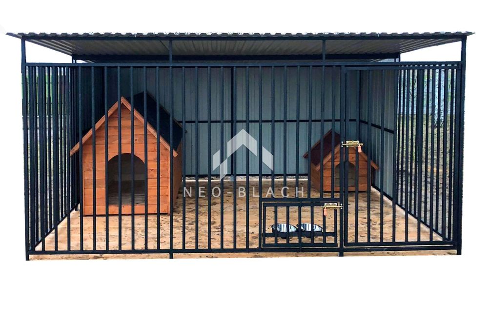 Kojec dla Psów 3x3m - Drewniana podłoga - Uchwyt na miski NB166