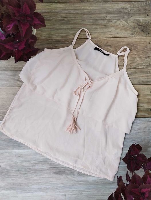 pudrowy top boho oversize XS na ramiączkach wiązany hippie elegancki