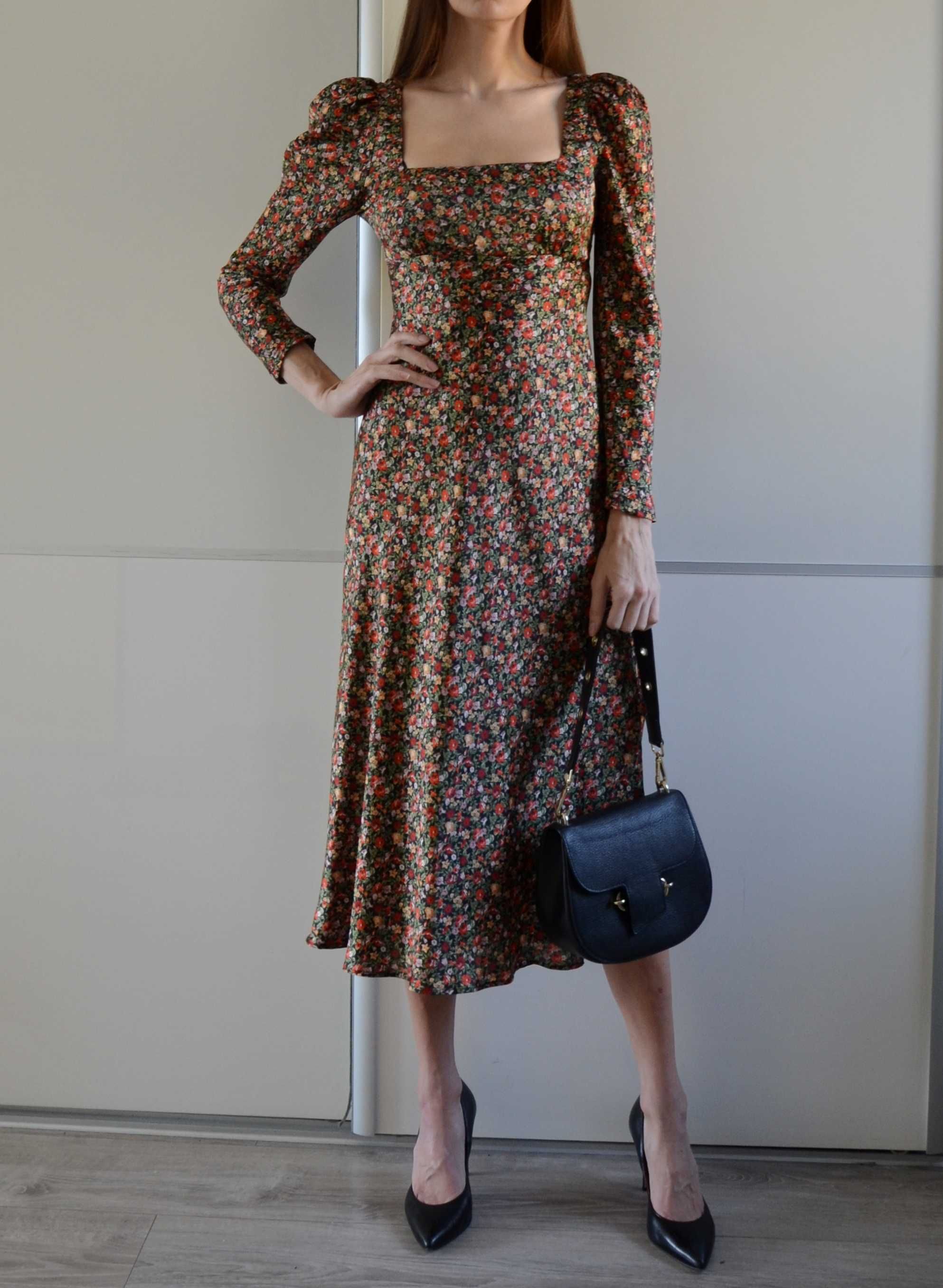 Zara długa satynowa sukienka kwiaty floral reformation rouje 36 S
