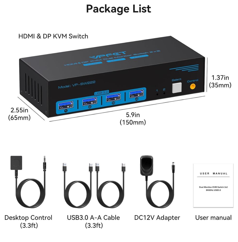 Switch HDMI Przełącznik KVM z dwoma monitorami HDMI+Displayport