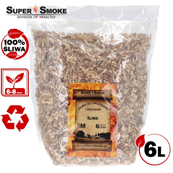Zrębki Wędzarnicze Super Smoke ŚLIWA KL-08 (6-8mm) Medium 6L Doypack
