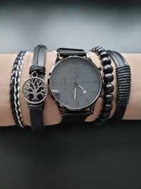 Zegarek męski z bransoletami rzemykowymi czarny komplet nowy