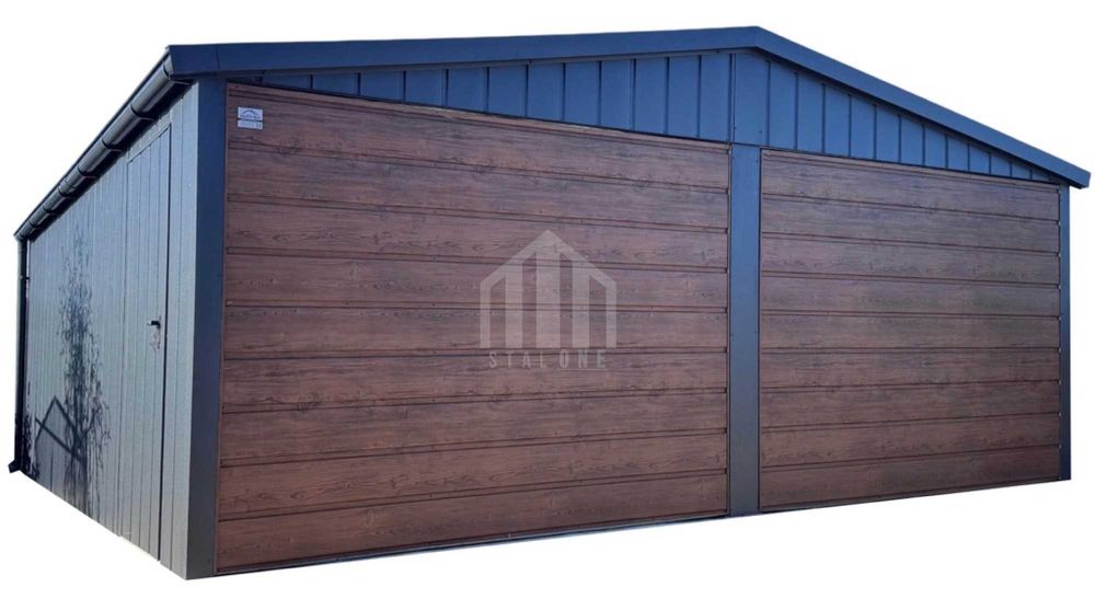 Garaż blaszany 6x5,8m - 2x brama - drzwi - antracyt - rynny SO123