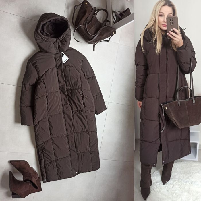 Bershka kurtka puffer zimowa wodoodporna XS 34 czekoladowa brązowa