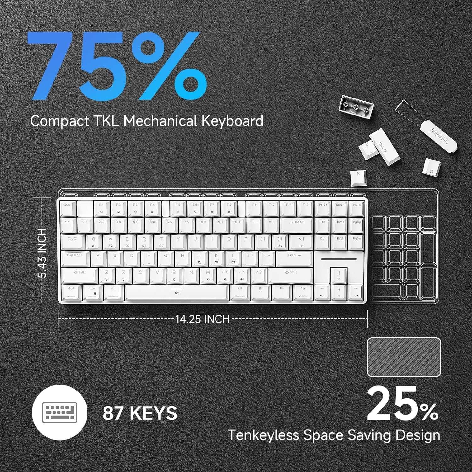Klawiatura mechaniczna TMKB T87SE TK QWERTY 75% RGB Switch RED biała