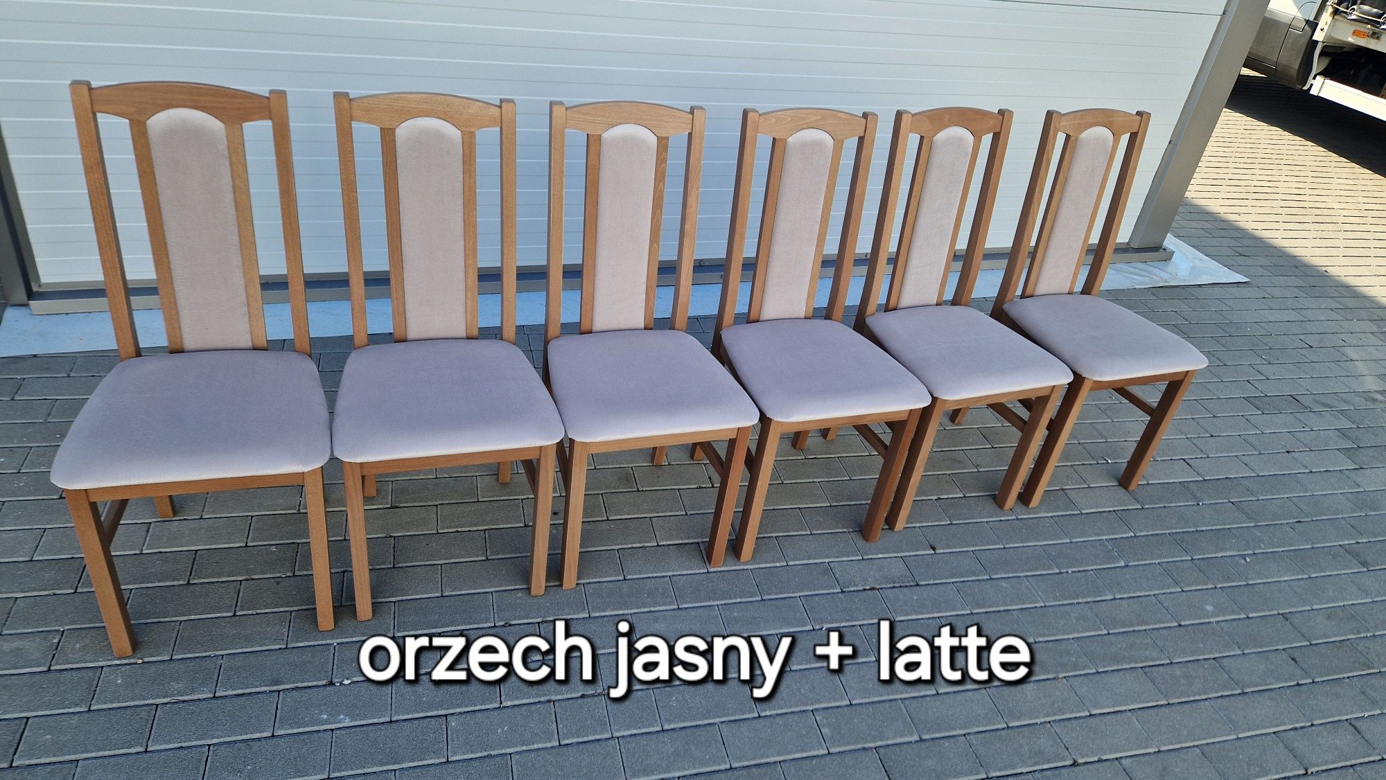 Nowe: Stół 80x140/180 + 6 krzeseł, orzech jasny + latte, dostawa PL