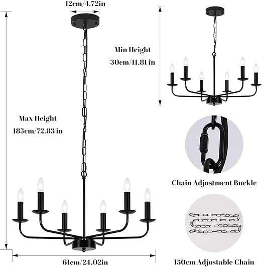 Klasyczny czarny żyrandol 6-ramienny, E14, regulowana wysokość