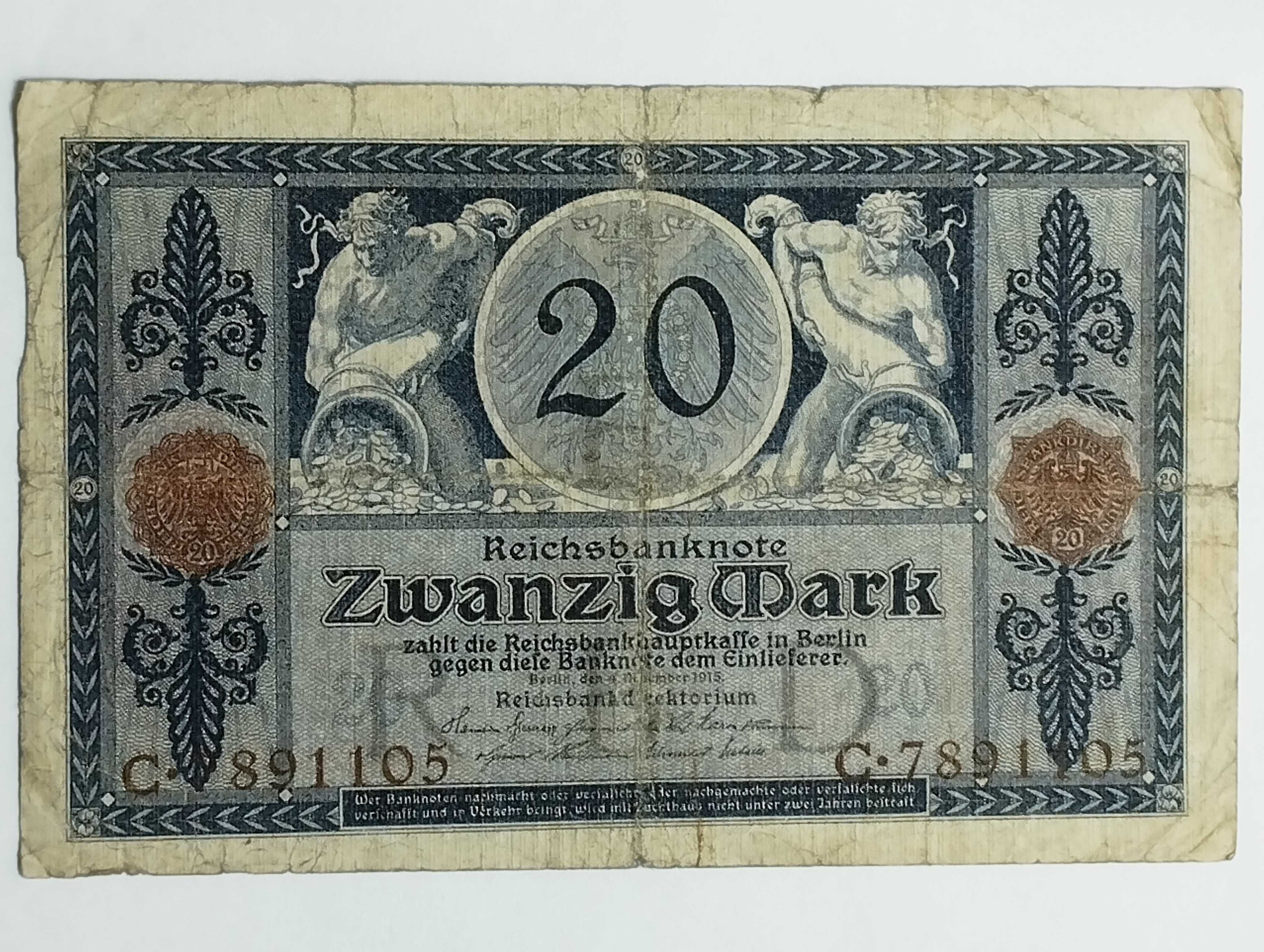 Sprzedam banknot Niemcy 20 marek 1915r. stan dobry