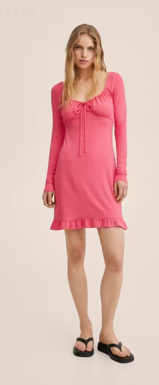 Сукня с довгим рукавом с квадратным вырезомMango рожева