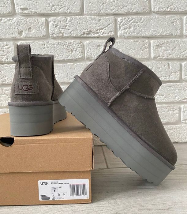 UGG ultra mini platform grey мини уггі короткі на платформі сірі
