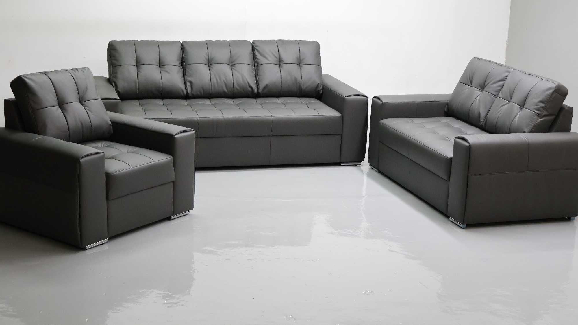 KOMPLET 3+2+1 sofy kanapy zestaw popielata SKÓRA naturalna 6492 w