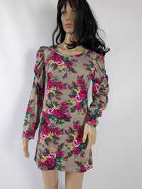 Beżowa sukienka w kolorowe kwiaty długi rękaw bufka marszczenia S M