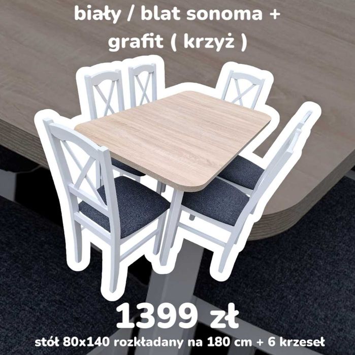 Nowe : STÓŁ 80x140/180 + 6 KRZESEŁ , biały/sonoma + grafit ( krzyż )