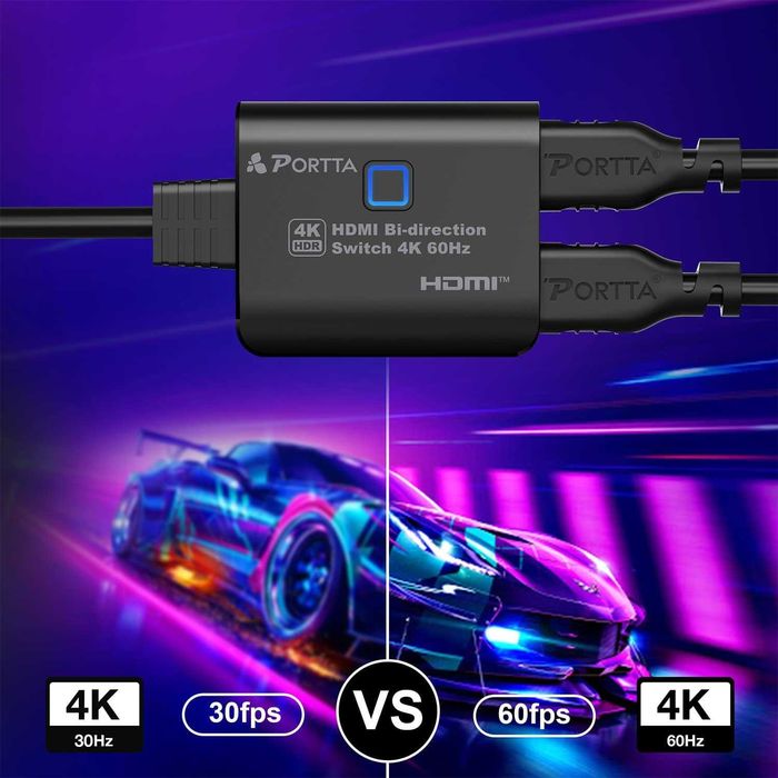 PORTTA Przełącznik HDMI 4K 60Hz z Kablem 60cm, Dwukierunkowy Splitter