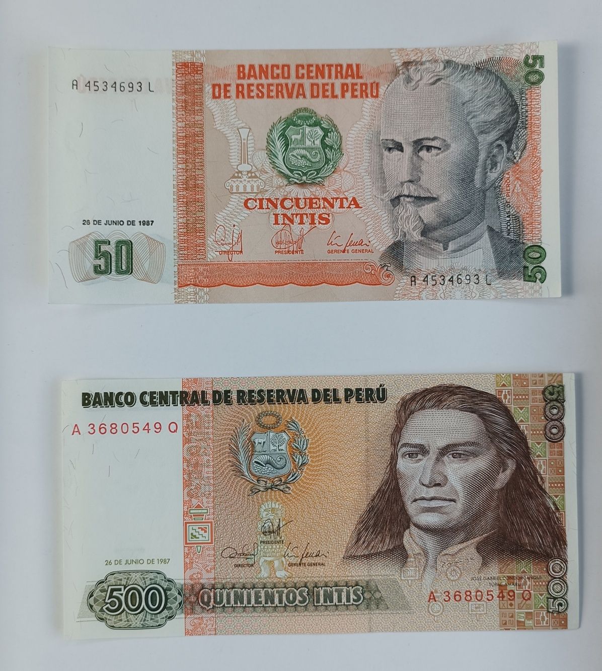 zestaw banknotów 50 i 500 intis , Peru , 2 szt