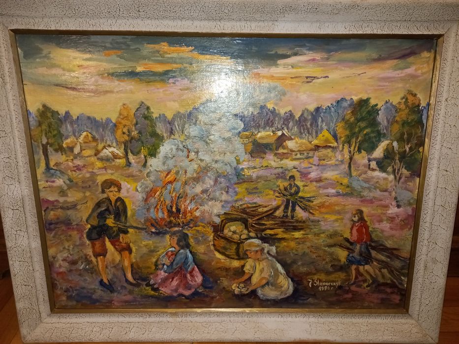 Duży obraz olejny pejzaż 'Pieczenie ziemniaków'Janina Ślusarczyk