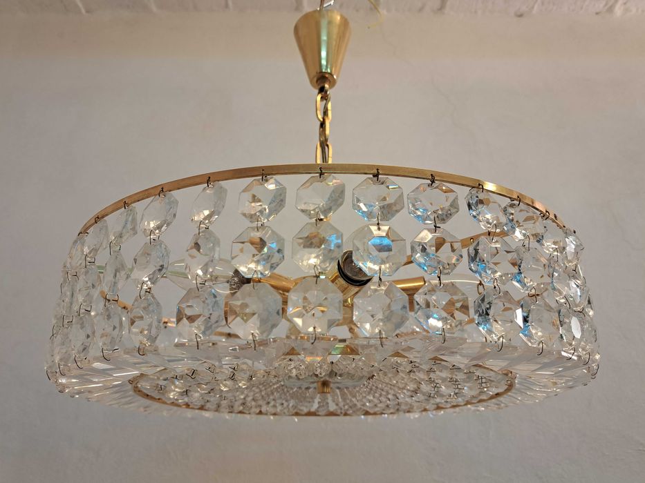 Żyrandol kryształowy okrągły mosiężny złoty kryształy Wiedeń Austria