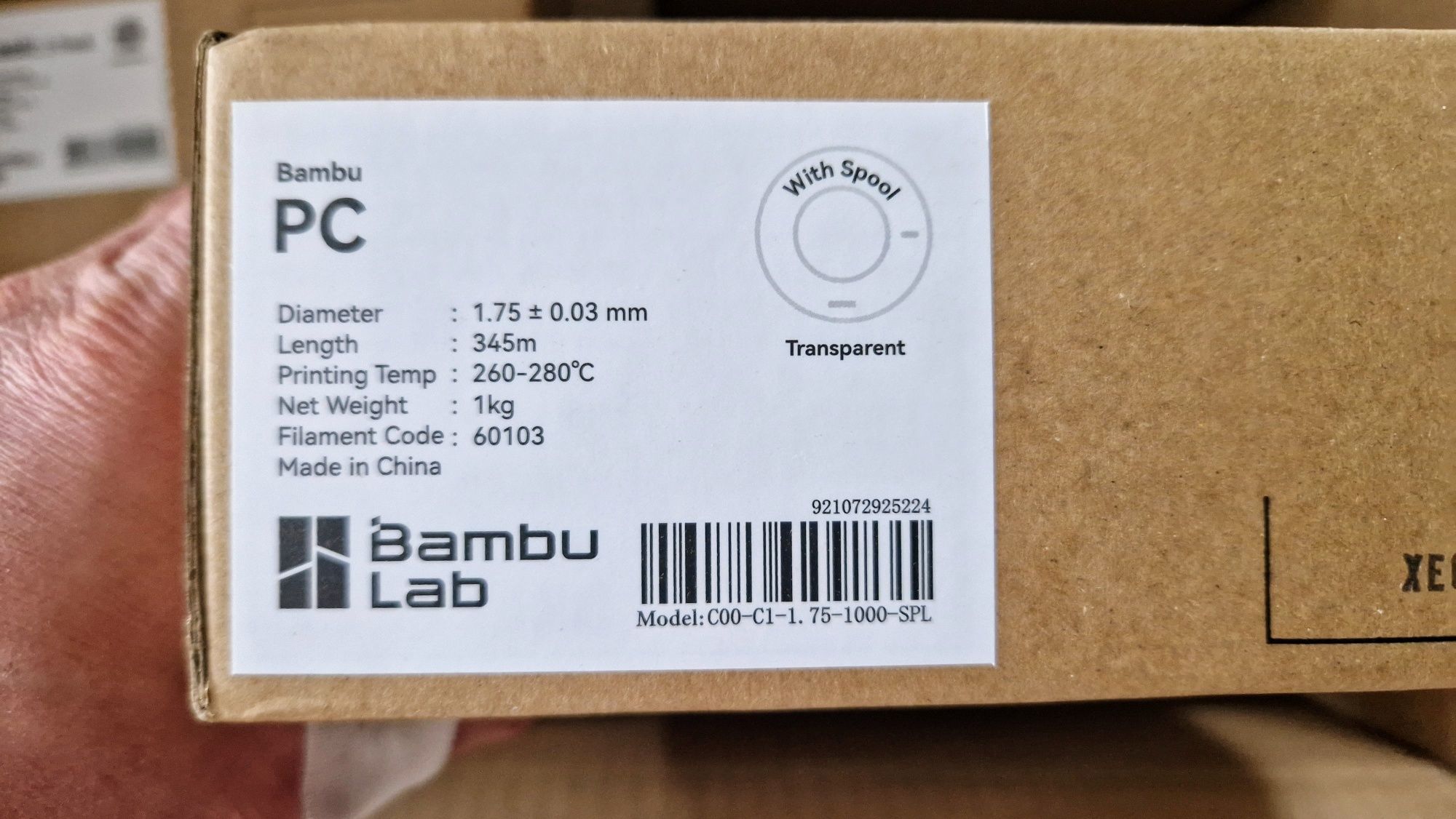 Filament Bambu Lab PC Transparent