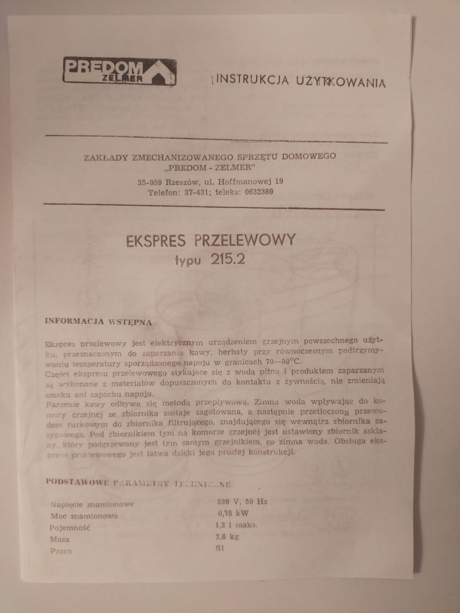 Ekspres do kawy przelewowy PREDOM ZELMER typ 215.2