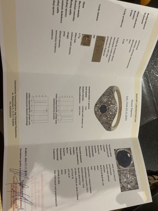 Pierścionek złoty 585 szafir naturalny 0,44 ct diamenty 0.32 ct